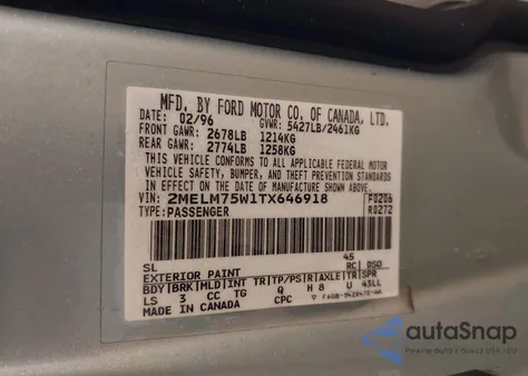 1996 Mercury Grand Marquis Ls/Bayshore из США, поврежденный, VIN 2MELM75W1TX646918